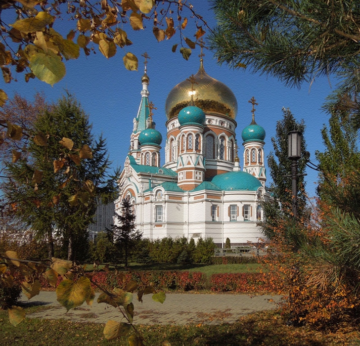 Живая церковь. Свято-Успенский собор Омск осенью. Успенский собор Омск осень. Осенний Омск. Собор Омск пейзаж.